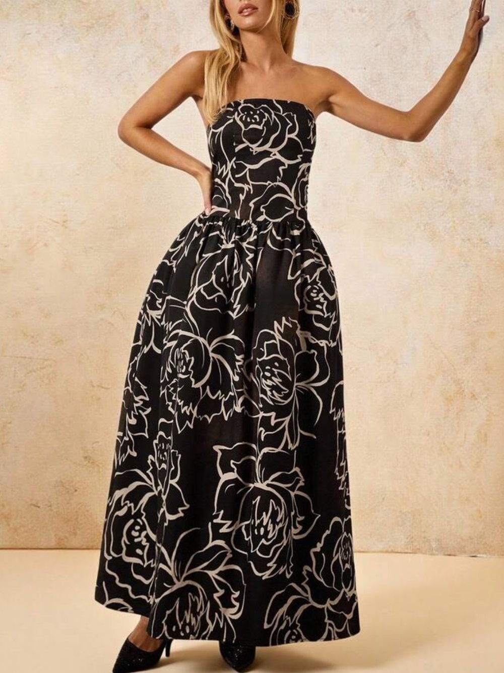 Black Strapless Floral Evening Gown